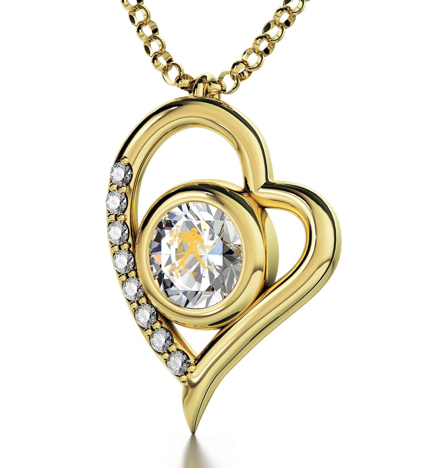 Gold Plated Silver Zodiac Heart Pendant Aquarius Necklace 24k Gold inscribed on Crystal