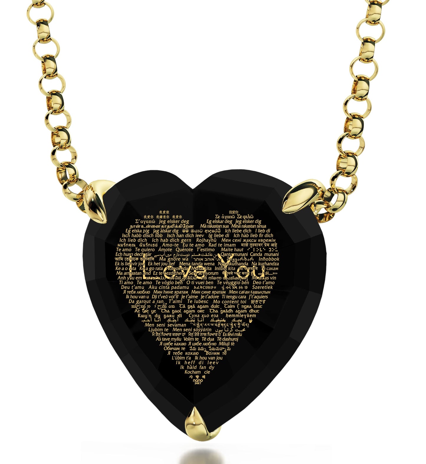 Gold Plated Silver Heart Necklace 24k Gold Inscribed I Love You in 120 Languages