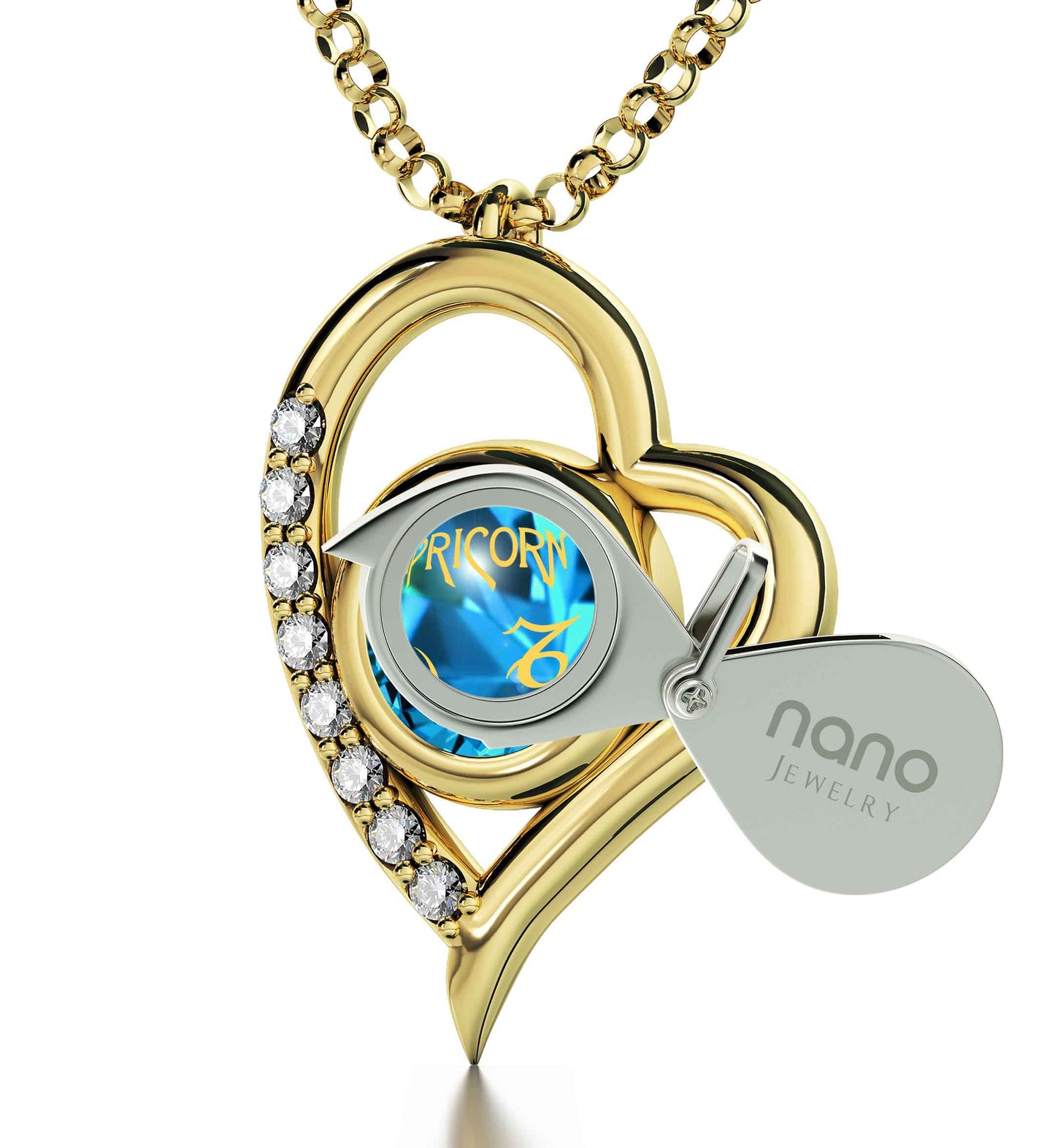 Gold Plated Silver Capricorn Necklace Zodiac Heart Pendant 24k Gold inscribed on Crystal