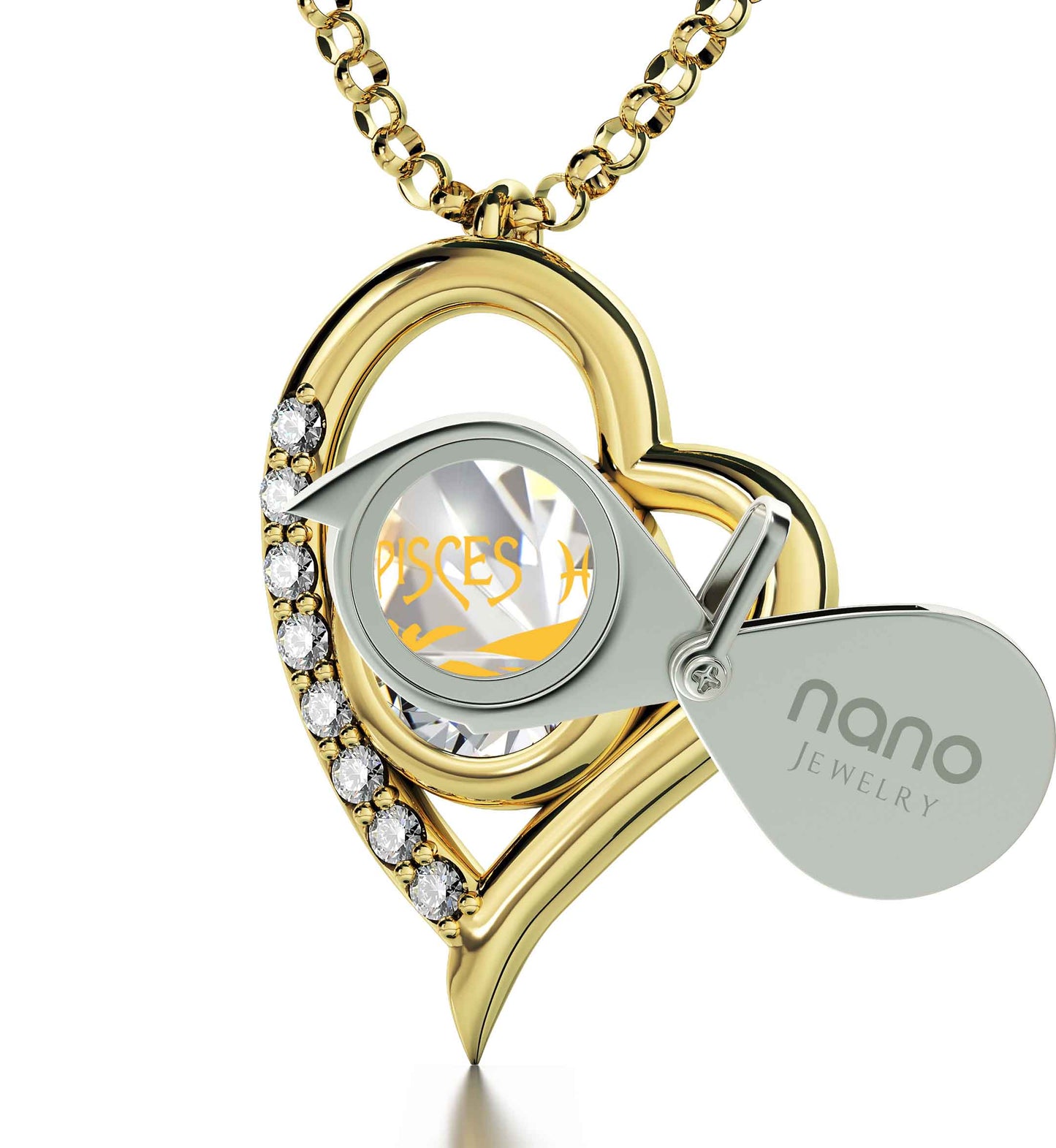 Gold Plated Silver Pisces Necklace Zodiac Heart Pendant 24k Gold Inscribed on Crystal