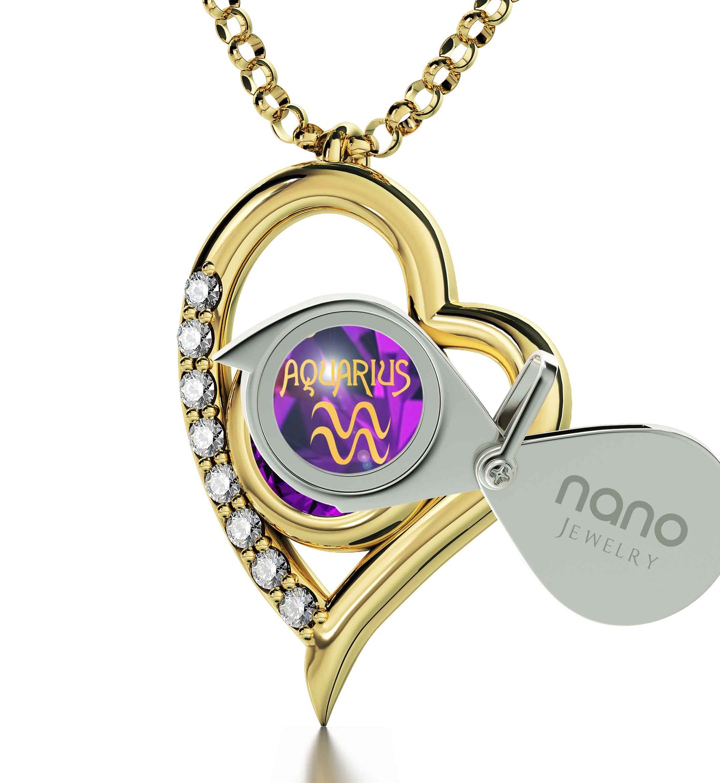 Gold Plated Silver Zodiac Heart Pendant Aquarius Necklace 24k Gold inscribed on Crystal